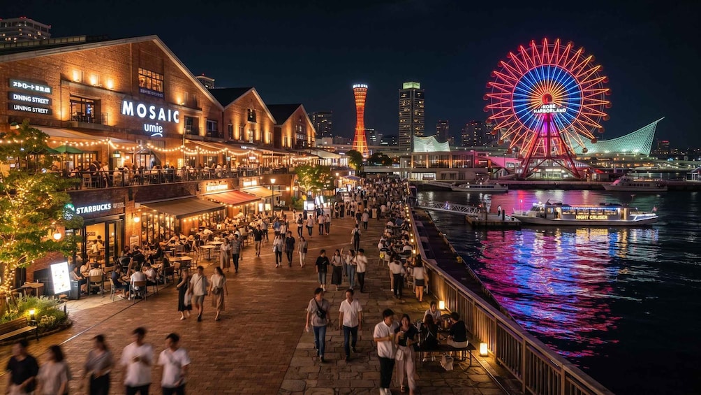 A bustling waterfront promenade with people walking, dining at outdoor cafes, and a brightly lit Ferris wheel in the background. 1