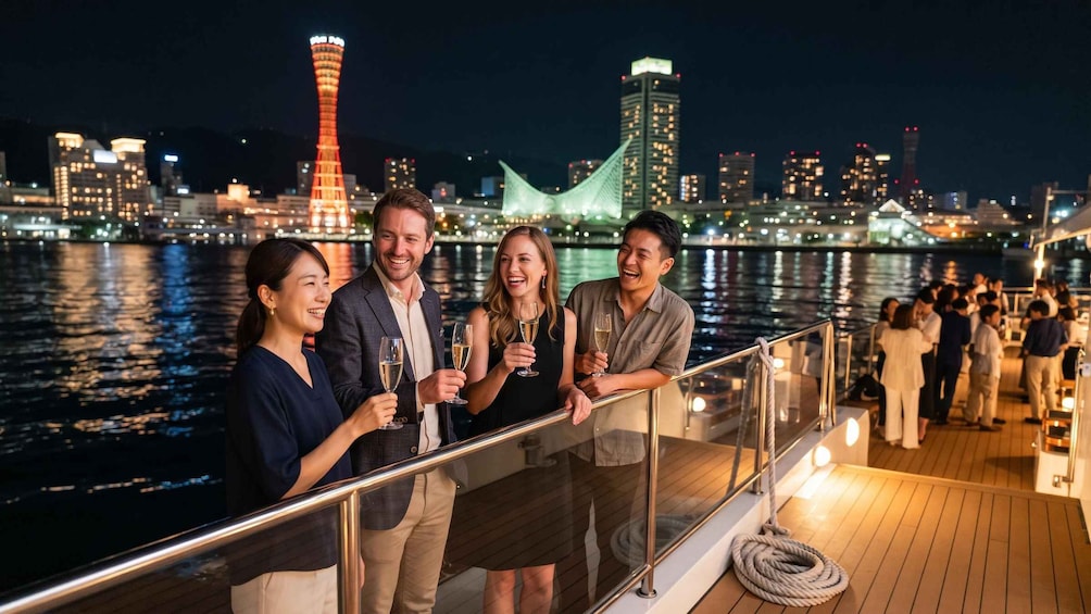 A group of people on a boat with a city skyline in the background. 5