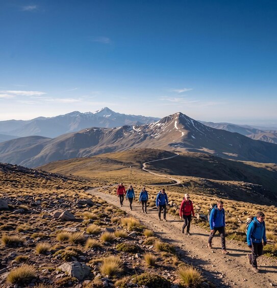 A group of hikers on a mountain trail with a clear sky and distant snow-capped peaks. 4