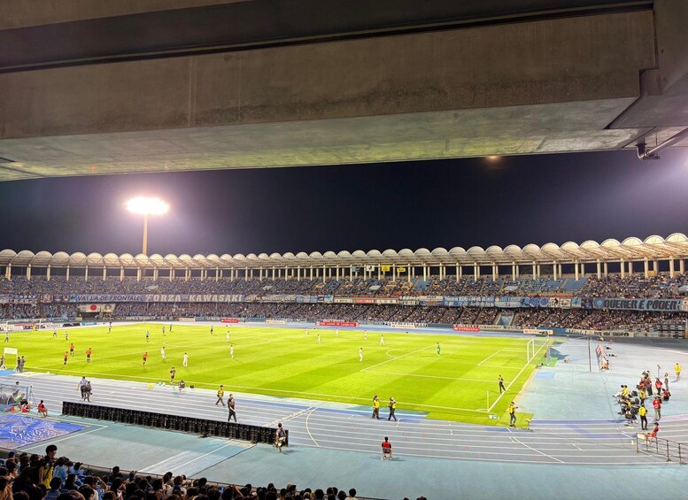 A stadium with a soccer field, spectators, and advertisements. 3