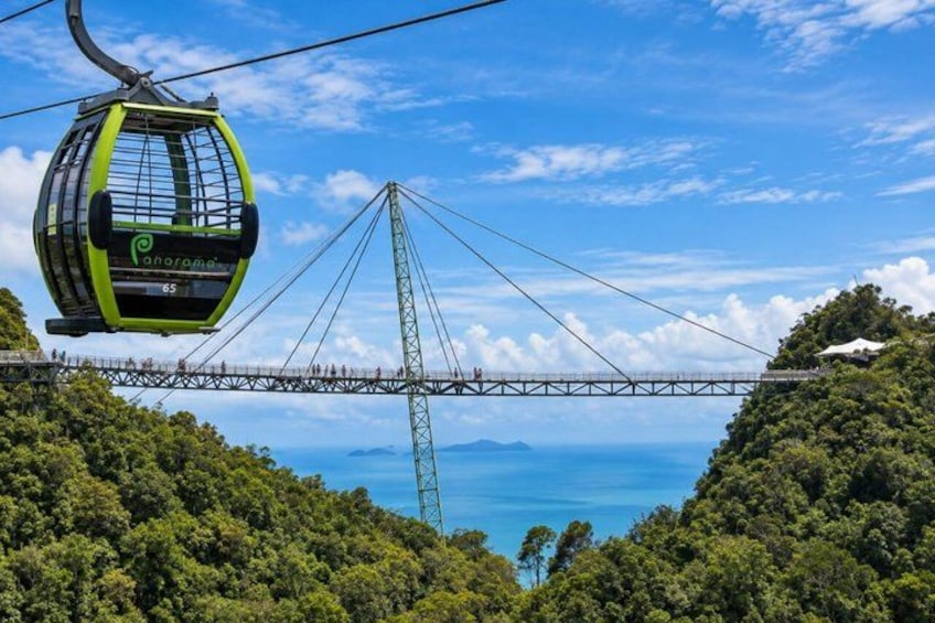A cable car, a bridge, and a forested hillside with a view of the ocean. 1