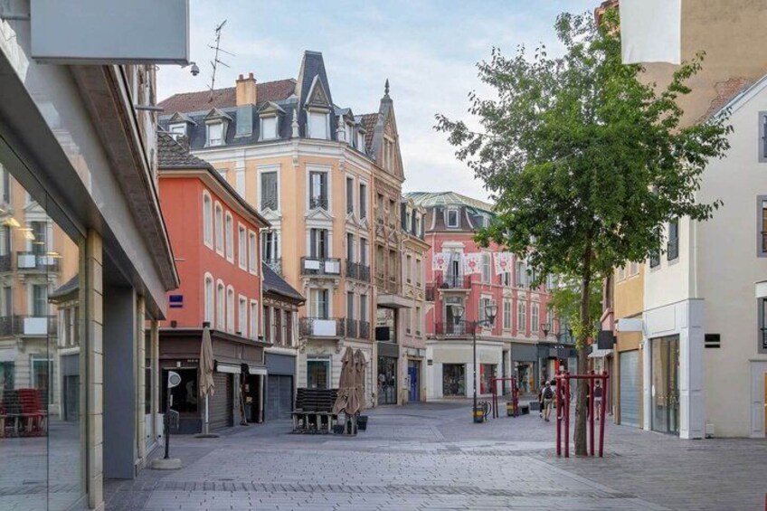 A cobblestone street with historic buildings, a tree, and a red post. 5