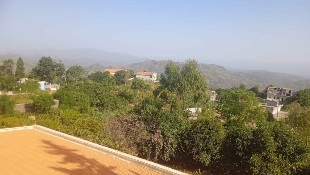 A residential area with houses surrounded by greenery and hills in the background. 2