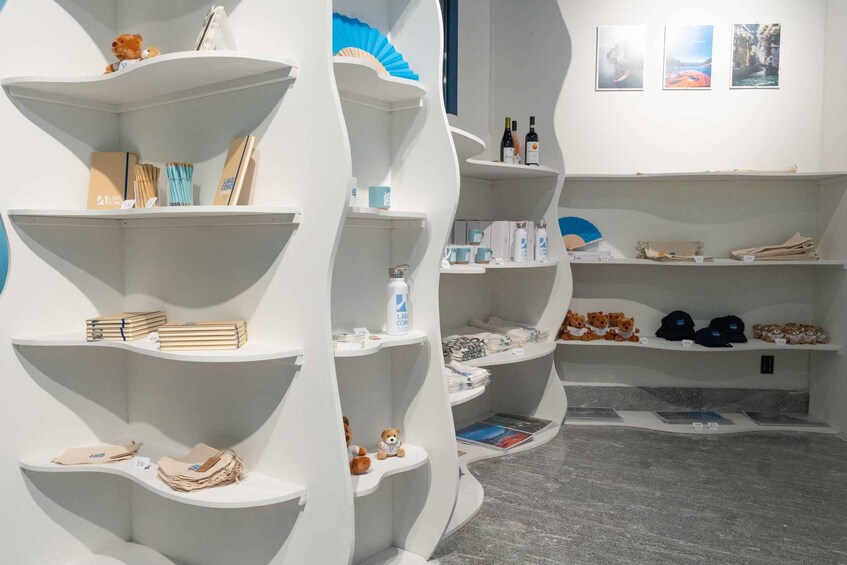 A modern interior with white shelves displaying various items like books, bottles, and plush toys. 2