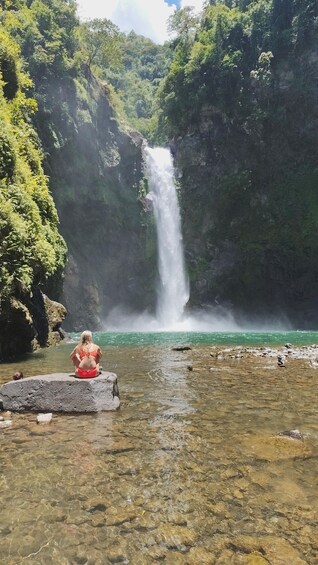 A waterfall in a forested area with clear water and rocks at the base. 1