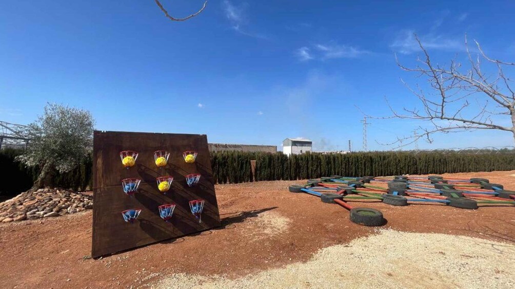 A basketball hoop with multiple basketballs, a tire obstacle course, and a clear blue sky. 5