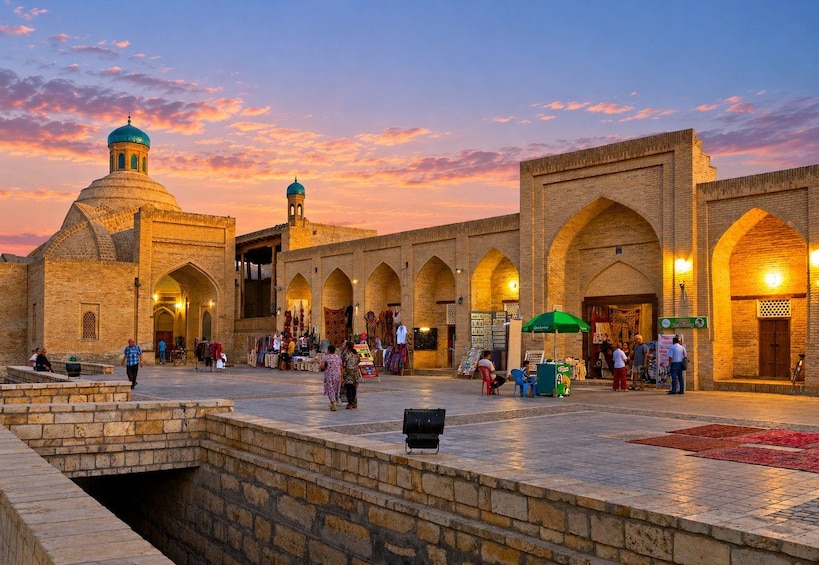 A historic square with arches, a mosque with a dome, and people walking. 4