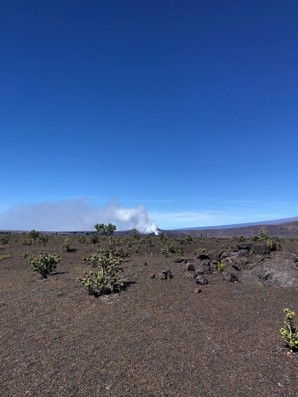 A volcanic landscape with sparse vegetation and a clear sky. 2
