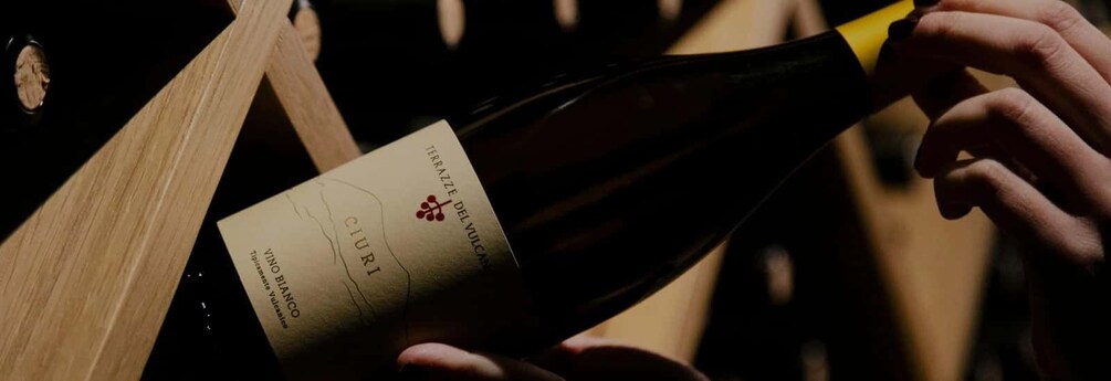 En person håller i en vinflaska med en etikett som visar texten ”TERAZZE DEL VULCANO” och ”VINO BIANCIO”. 2