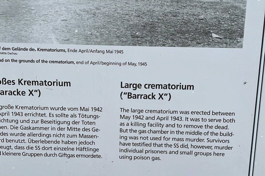 A historical document with text in German about the crematoriums 'Bes Bes Crematorium' and 'Large crematorium (Barrack X)'. 2