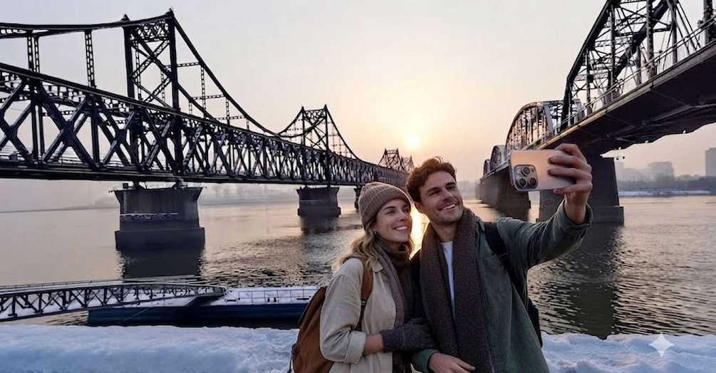 A bridge with a person taking a selfie. 1