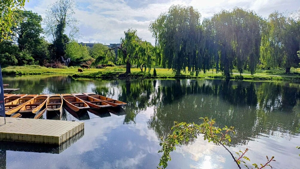 Une rivière paisible où des bateaux en bois sont amarrés à un quai, le tout entouré d’une végétation luxuriante et d’arbres. 3