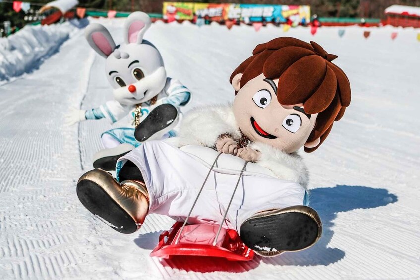 Two children sledding down a snowy slope. 3