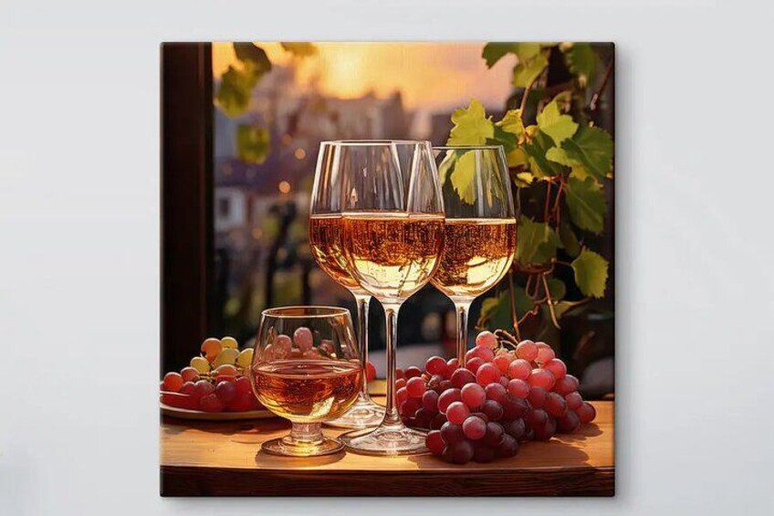 Two wine glasses on a wooden table with grapes and a cityscape in the background. 3