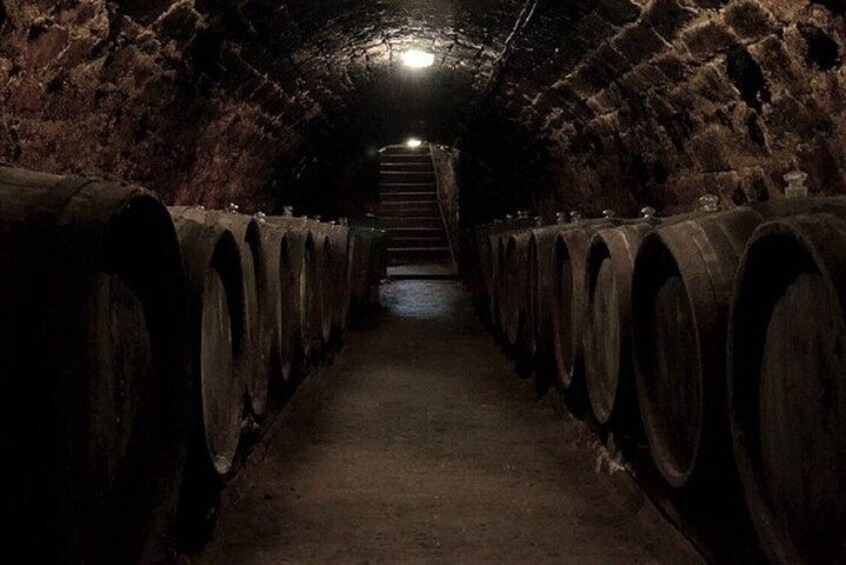 A dimly lit tunnel with stone walls and rows of wooden barrels. 4