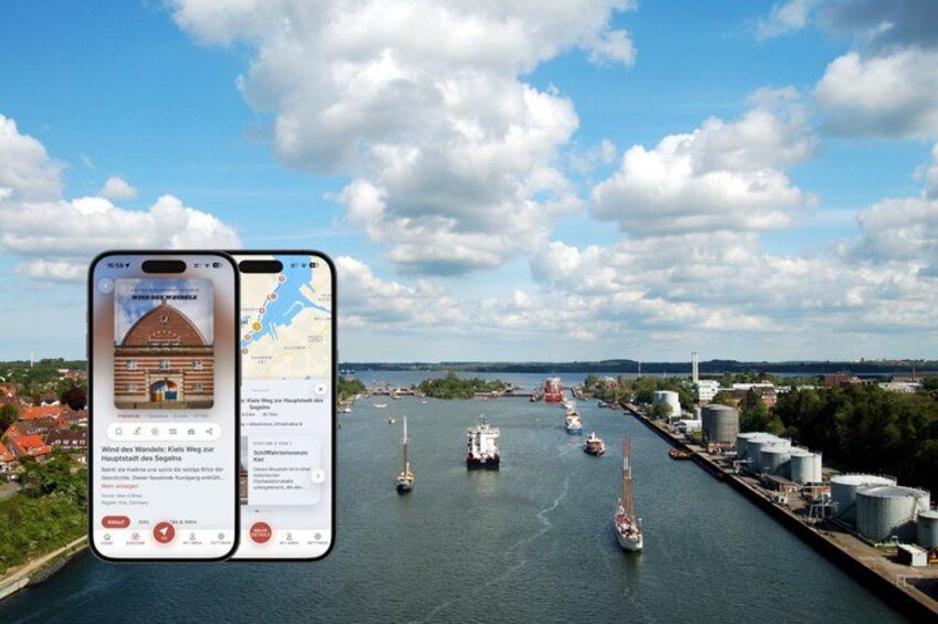 A river with boats, a smartphone displaying a map, and industrial buildings. 1