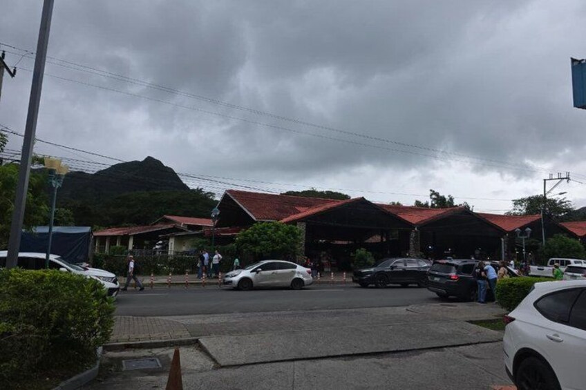A street with cars, buildings with red roofs, and a mountain in the background. 4