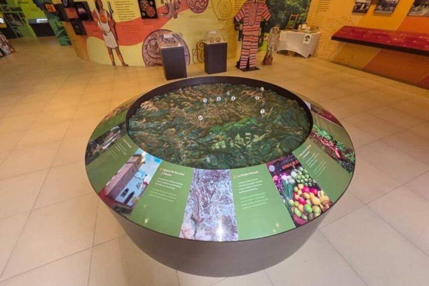 A circular display with a map and informational panels. 2