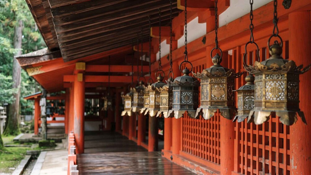 A row of traditional lanterns hanging from a red wooden structure. 1