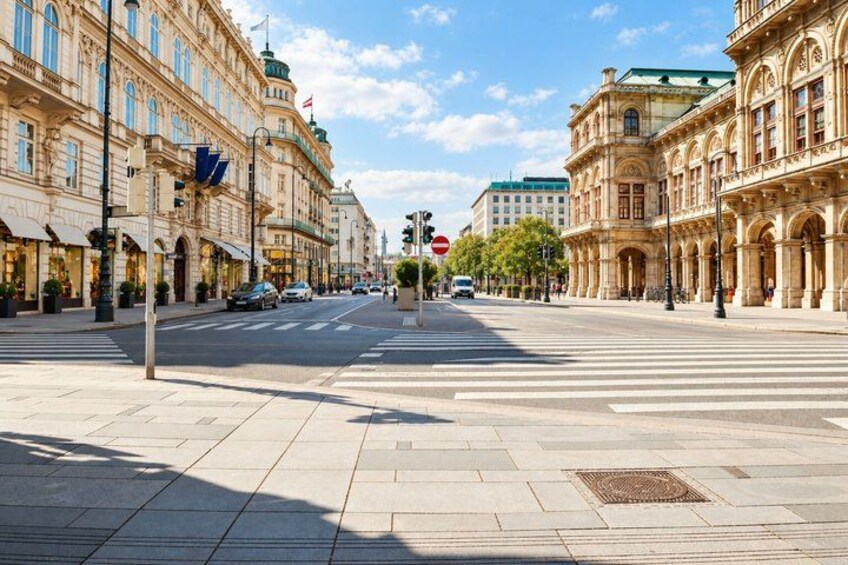 A wide urban street with historic buildings, a crosswalk, and a traffic light. 3