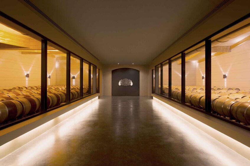 A long, well-lit corridor with rows of wine barrels on either side. 5