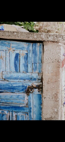 A weathered blue door with starfish decorations, set against a textured wall. 4