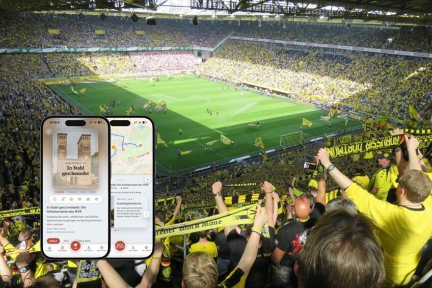 A stadium filled with spectators, some holding yellow banners. 1