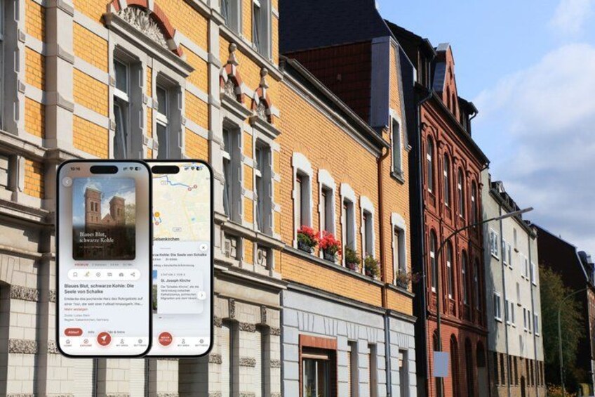A street with historic buildings, a smartphone displaying a map, and a sign with text. 1