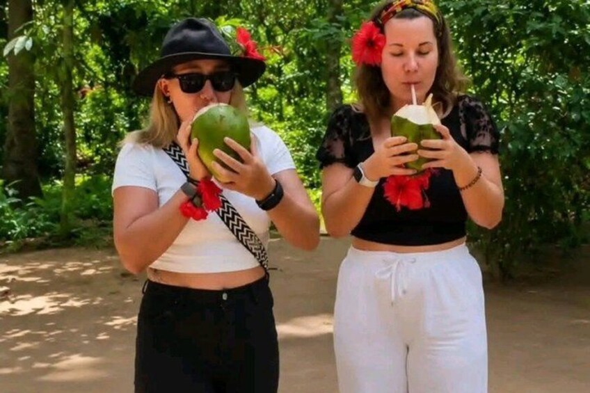 Two people holding coconuts in a forested area. 3