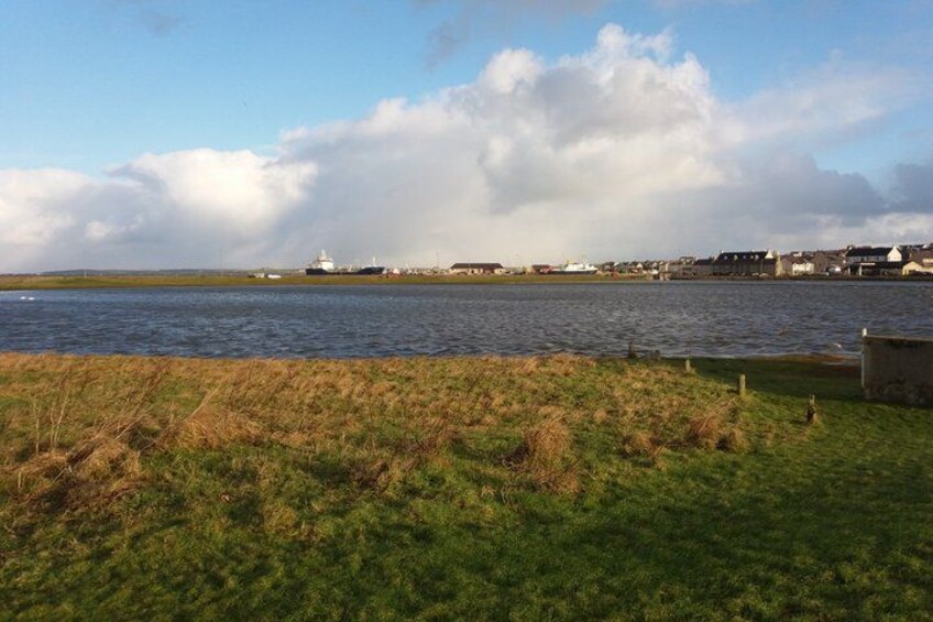 A coastal landscape with a body of water, grassy areas, and a distant shoreline with buildings and a lighthouse. 5