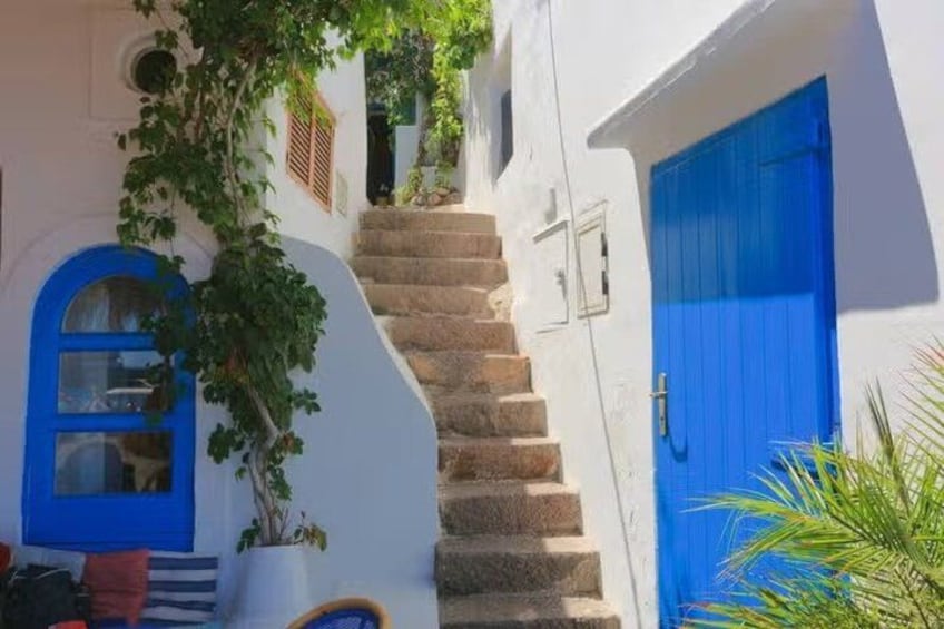 A white building with a blue door and window, a stone staircase, and a potted plant. 5