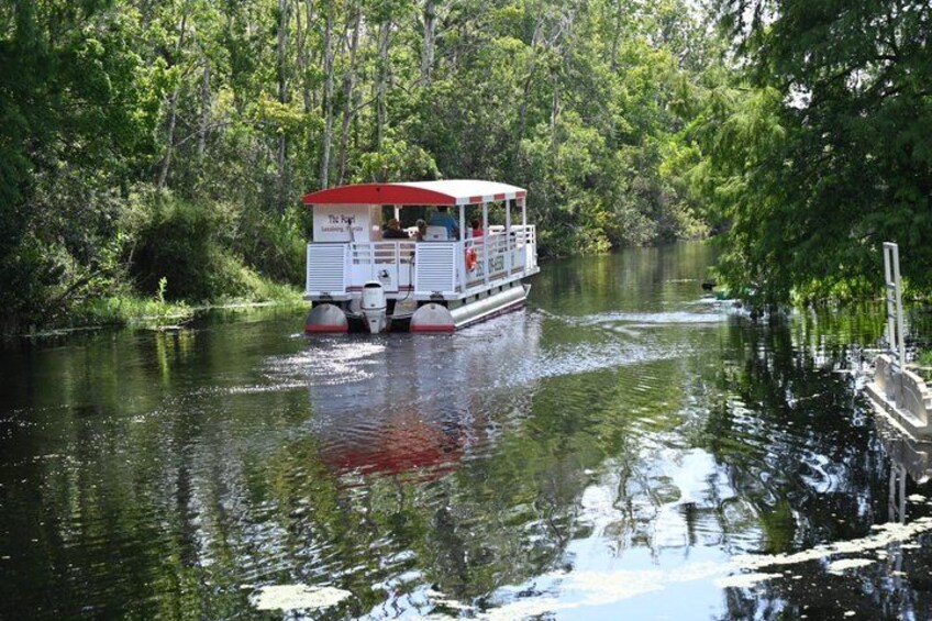 A riverboat with a red canopy, surrounded by dense green foliage. 1