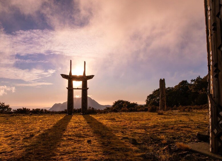 A traditional gate with a mountain in the background. 2
