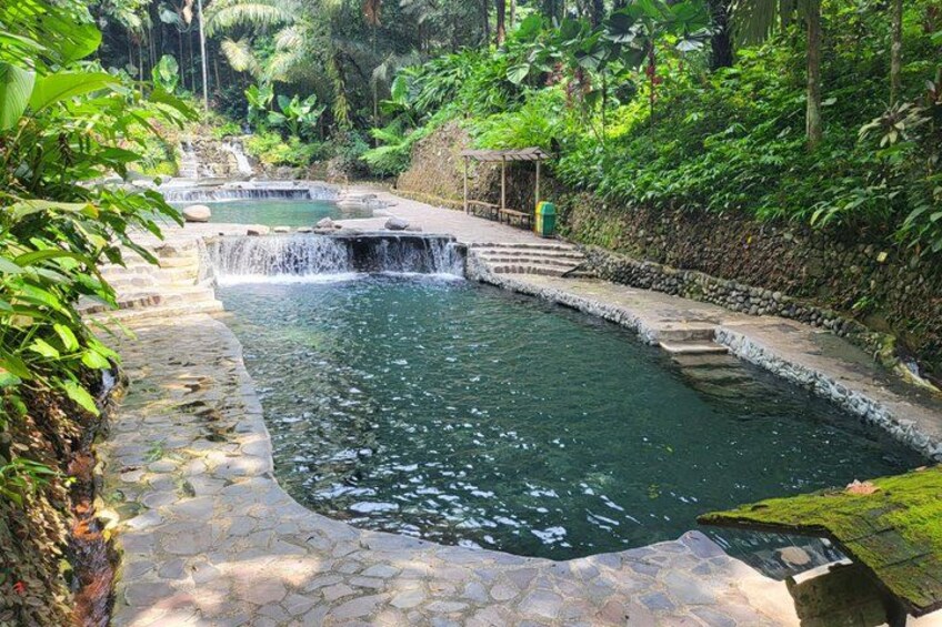 A natural pool with cascading water, surrounded by lush greenery and stone steps. 5