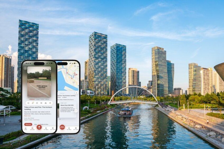 A cityscape with modern skyscrapers, a river, and a bridge. 1