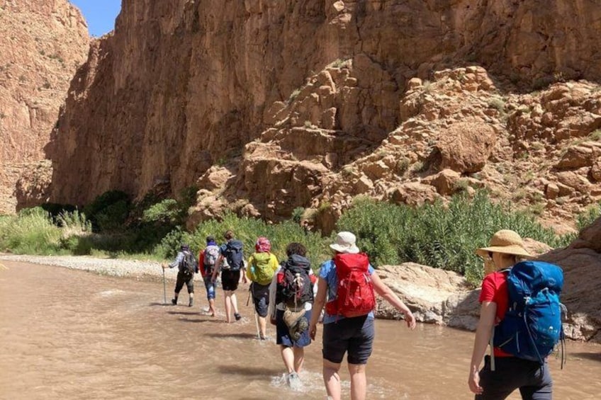A group of hikers crossing a shallow river in a canyon with rocky cliffs. 1