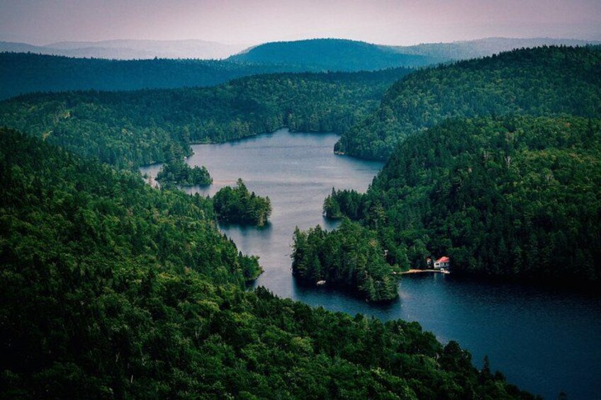 A lake surrounded by dense forest with a small house on the shore. 3
