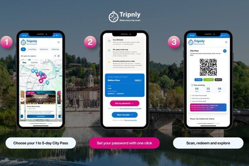 Three smartphones displaying Triply app interfaces. The first phone shows a map with travel options. The second phone displays a QR code for a city pass. The third phone shows a QR code for a city pass with a list of places visited. 3