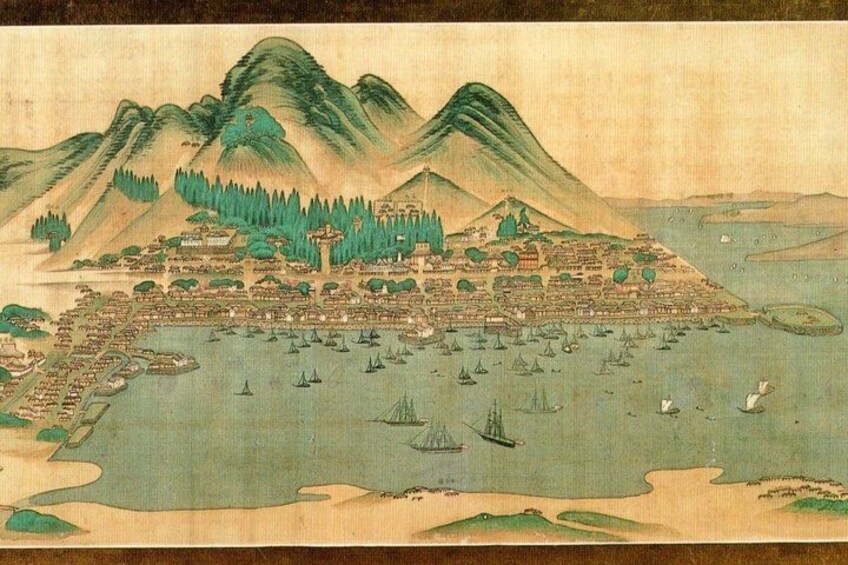 A traditional Japanese landscape with mountains, a town, and a body of water with boats. 1