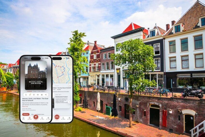 A canal with historic buildings, a smartphone displaying a map, and a tree in the foreground. 1