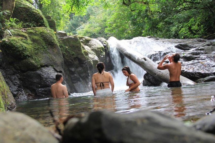 A group of people in a natural water setting with a waterfall and moss-covered rocks. 3