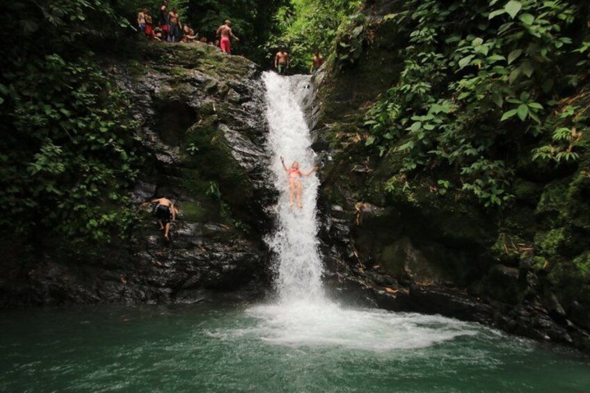A waterfall in a forested area with people swimming in the water below. 1