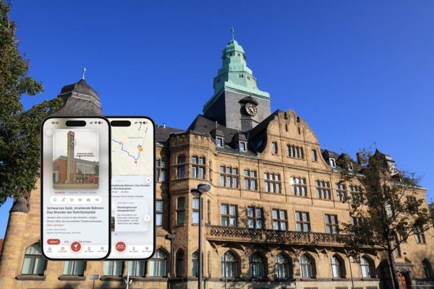 A historic building with a clock tower and a smartphone displaying a map and information about the location. 1