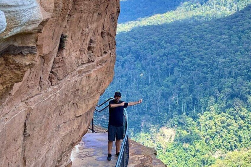 A person standing on a narrow ledge with a safety railing, overlooking a forested valley. 1