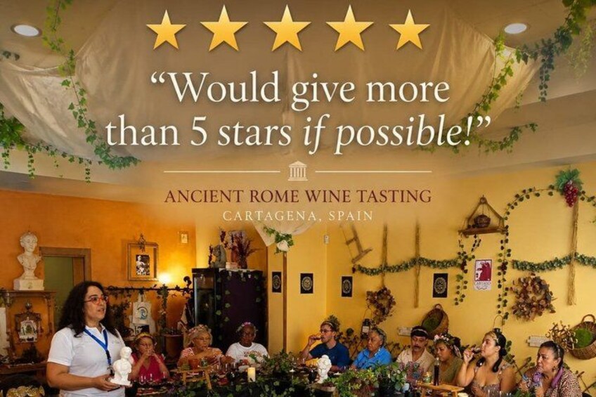 A wine tasting event with attendees seated at tables, a woman presenting, and a banner with a star rating. 2