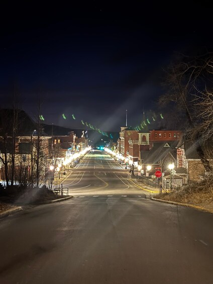 A nighttime street with streetlights, a stop sign, and buildings in the background. 4