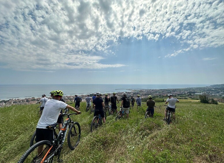 A group of cyclists on a grassy hill overlooking a coastal cityscape. 2