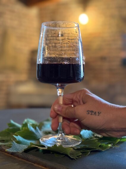 A hand holding a wine glass with a dark liquid, resting on a table with green leaves. 3