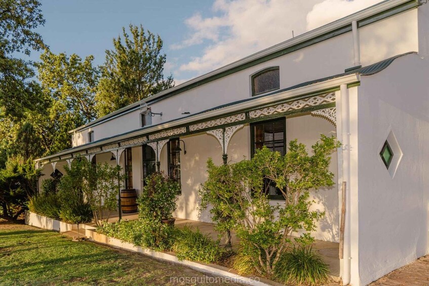 Un bâtiment blanc doté d’un porche abrité, entouré de verdure et d’arbres. 5