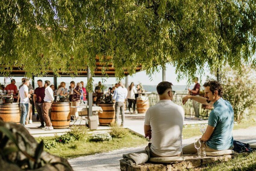 People sitting and standing under trees, with barrels and a waterfront in the background. 3